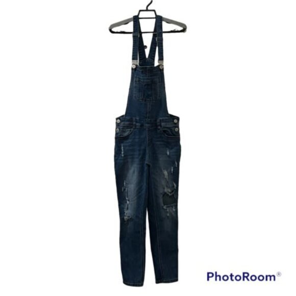 Eighty Two Womens Juniors Denim Overalls Distressed Blue Medium Wash Size 03 - Picture 1 of 12
